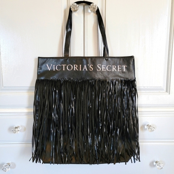 Victoria's Secret Limited Edition Black Faux Leather Flirty Fringe Tote Bag *NWT - Picture 1 of 7